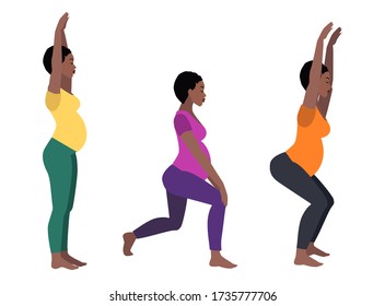 African American beautiful pregnant woman practice in fitness, pregnant yoga exercise, vector EPS 10