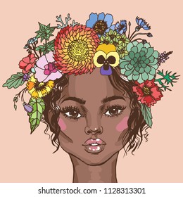 African american beautiful woman with a floral wreath. Hand drawn vector fashion illustration. Portrait of a black girl hippie.
