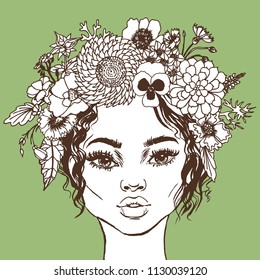 African american beautiful woman with a floral wreath. Hand drawn vector fashion illustration. Portrait of a black girl hippie.
