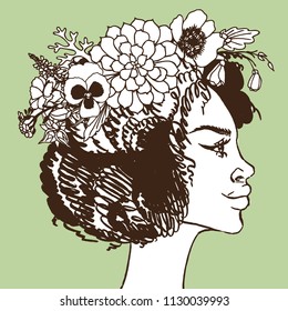 African american beautiful woman with a floral wreath. Hand drawn vector fashion illustration. Portrait of a black girl hippie.
