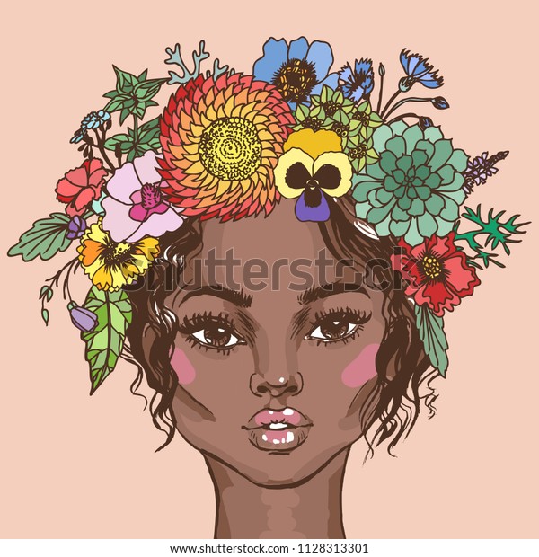 花輪を持つアフリカ系アメリカ人の美しい女性 手描きのベクター画像ファッションイラスト 黒い女の子のヒッピーのポートレート のベクター画像素材 ロイヤリティフリー