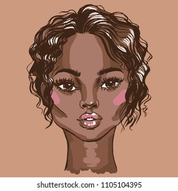 African american beautiful woman. Hand drawn vector fashion illustration. Portrait of a black girl.