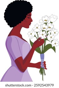 African American beautiful woman. Vector illustration. Girl with a bouquet of flowers in her hands