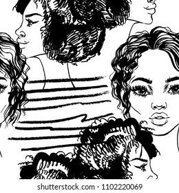 African american beautiful women seamless pattern. Hand drawn vector fashion illustration. Texture with a young girls.