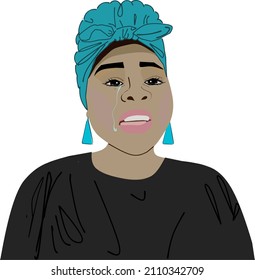 African American Beautiful Young Woman Wearing Turban Speaking With Sad Expression, Crying. Cartoon Vector Illustration.