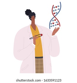 African American biologist scientist holding dna spiral in her hands. Geneticist african american woman sequencing dna molecule