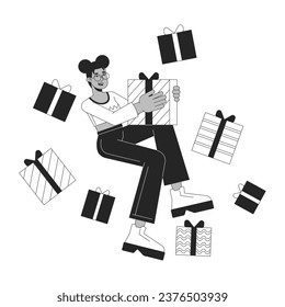 African american birthday girl receiving gifts black and white 2D line cartoon character. Birthday woman black isolated vector outline person. Black friday weekend monochromatic flat spot illustration
