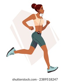 African american black athletic woman in sportswear on a run. A woman is engaged in sports and fitness. Sports training. Cartoon vector illustration.