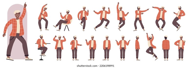 African American Black Boy On Fun Dance Party In Dynamic Actions, Side, Front And Back View Set Vector Illustration. Cartoon Excited Young Man Posing, Dancing To Music, Drinking Wine In Armchair