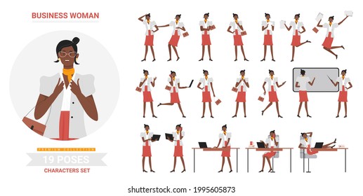 La mujer afroamericana de negocios negros que trabaja plantea un conjunto de ilustraciones vectoriales infográficas. Caricatura llana ocupado hembra de personaje trabajo con portátil estudio de diferentes posturas, aislado paralizante