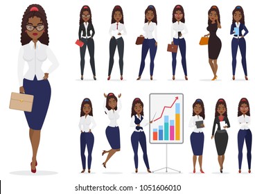 African american black businesswoman lady character different poses design set. Vector cartoon female design.