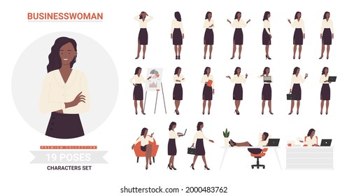 African American Black Businesswoman Poses Infographic Vector Illustration Set. Cartoon Front Side Back View Young Woman Business Corporate Office Worker, Lady Working Laptop Postures Isolated