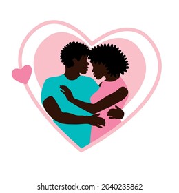 African American black couple in love. Greeting card, sticker. Congratulations on the anniversary, valentine's day. Happy married concept. Vector illustration. EPS10