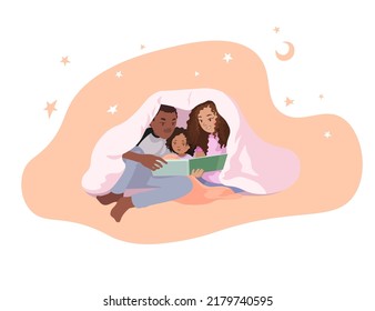 African American Black Family Reading A Book Together Before Going To Bed Vector Flat Cartoon Illustration. African Family Of Happy Father And Mother With Daughter