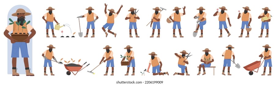 African american black farm worker in different poses set vector illustration. Cartoon old man working garden equipment in front, side back view, elderly farmer holding shovel and rake, wheelbarrow