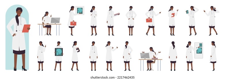 African american black female doctor poses set vector illustration. Cartoon posing actions of woman medical worker working in hospital, pointing to xray of patients skull, holding first aid box