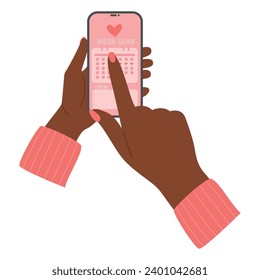 African american black female hand holds phone with a menstruation calendar tracker. Women's health care app