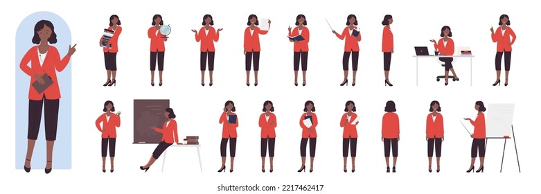 African american black female teacher poses in front, side and back view, gestures set vector illustration. Cartoon woman in suit sitting and standing, confident professional speaker teaching