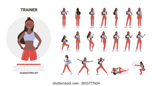 African american black fitness trainer woman poses in workout vector illustration set. Cartoon blonde character posing, training, doing sport gymnastic exercises in gym with ball, dumbbells isolated