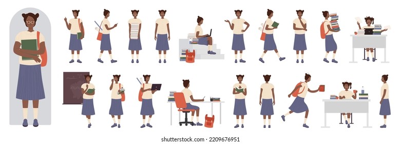 African american black girl student with glasses, laptop and school bag poses in side, front and back view set vector illustration. Cartoon clever cute female teenage holding books, standing, running