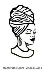 African American Black Girl Woman Lady Profile Portrait Silhouette drawing in Headwrap, Melanin Afro Queen Turban head wrap. Beautiful female person face outline line art.Sticker.Poster.Cricut.Print.