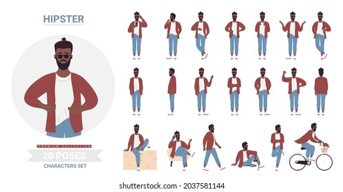 African American Black Hipster Man Poses Vector Illustration Set. Cartoon Bearded Male Character Casual Clothes Standing Sitting, Young Handsome Guy Model Posing In Different Poses Gestures Isolated