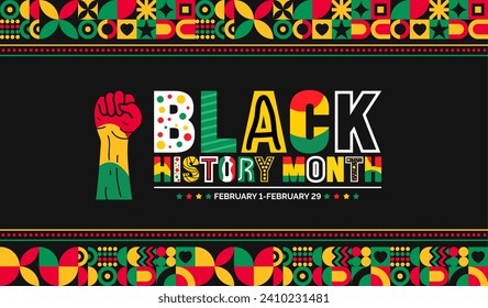 African American Black history month colorful lettering typography with Neo geometric seamless pattern background. Juneteenth Independence Day. Kwanzaa. Celebrated February in united state and Canada.