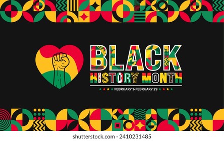 Tipografía con letras coloridas en el mes de la historia negra afroamericana con fondo de patrón neo geométrico sin costuras. Decimoctavo Día de la Independencia de junio. Kwanzaa. Celebrado en febrero en estados unidos y Canadá.