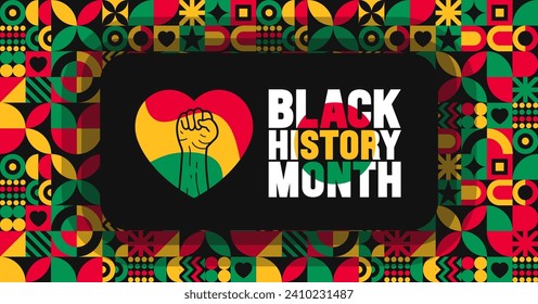 African American Black history month colorful lettering typography with Neo geometric seamless pattern background. Juneteenth Independence Day. Kwanzaa. Celebrated February in united state and Canada.