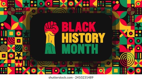 African American Black history month colorful lettering typography with Neo geometric seamless pattern background. Juneteenth Independence Day. Kwanzaa. Celebrated February in united state and Canada.