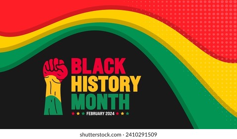 African American Black history month colorful lettering typography with protest power strong hand raised background Celebrated February in united state and Canada. Juneteenth Independence Day. Kwanzaa