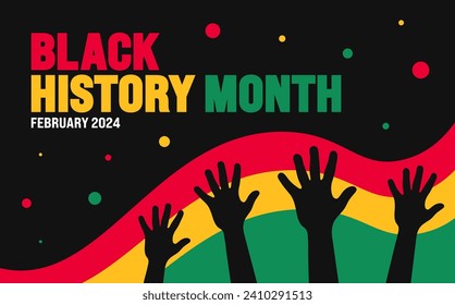 African American Black history month colorful lettering typography with protest power strong hand raised background Celebrated February in united state and Canada. Juneteenth Independence Day. Kwanzaa