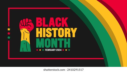 African American Black history month colorful lettering typography with protest power strong hand raised background Celebrated February in united state and Canada. Juneteenth Independence Day. Kwanzaa