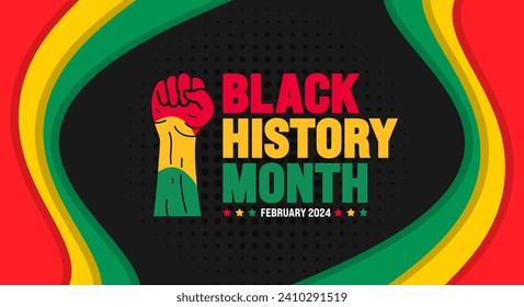 African American Black history month colorful lettering typography with protest power strong hand raised background Celebrated February in united state and Canada. Juneteenth Independence Day. Kwanzaa