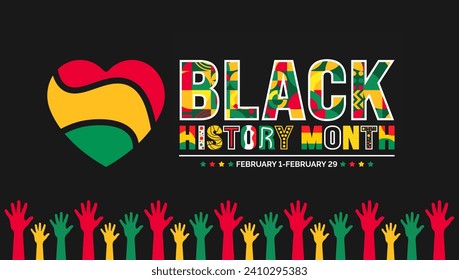 African American Black history month colorful lettering typography with protest power strong hand raised background Celebrated February in united state and Canada. Juneteenth Independence Day. Kwanzaa