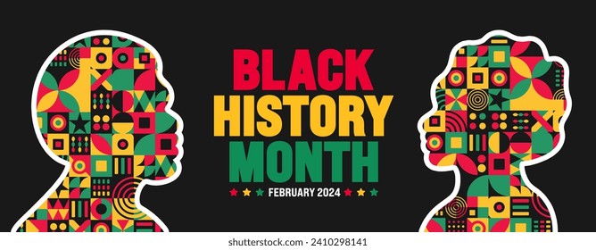 African American Black history month colorful lettering typography with Neo geometric seamless pattern african man background. Celebrated February in united state and Canada. Juneteenth Independence