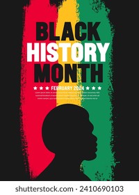 African American Black history month colorful lettering typography with ink paint brush stroke and African man portrait background. Celebrated February in united state and Canada. Juneteenth