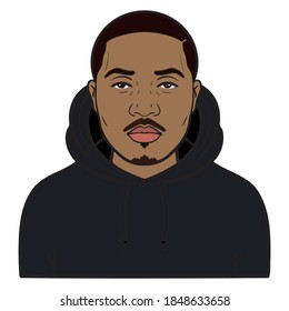 african american with black hoodie. comic, avatar, beard, cool.