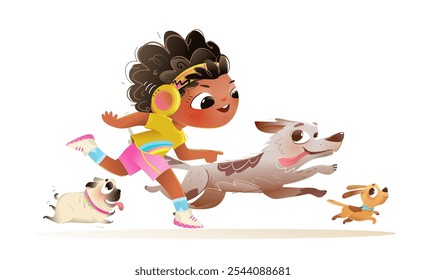 African American black little girl running with dogs and a puppy. Children and dogs friends run or play together. Cute young girl kid and her puppies. Vector character design illustration for children