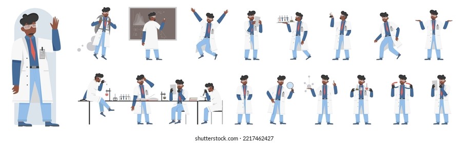 African american black male scientist poses in side, front and back view set vector illustration. Cartoon man chemist with beard, lab coat and glasses working with microscope, laboratory equipment