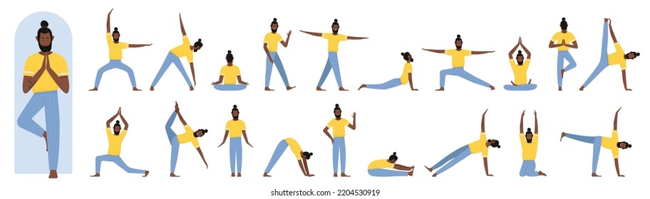 African American Black Male Yoga Trainer Poses In Front, Side And Back View, Pilates Workout Set Vector Illustration. Cartoon Instructor Training, Man Showing Asanas Meditation Lessons