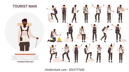 African american black man tourist traveler adventure poses vector illustration set. Cartoon bearded young male hiker character backpack posing tourism activity, traveling, hiking climbing isolated