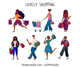 African American, black  man and woman, with bags doing shopping. People carries shopping bags, seasonal sale in shop, market, store. Cartoon characters on white background. Vector, flat style.