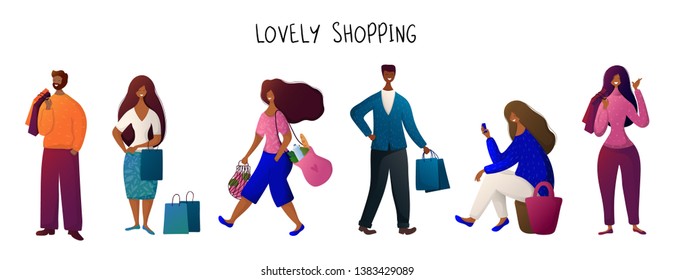 African American, black man and woman, with bags doing shopping. People carries shopping bags, seasonal sale in shop, market, store. Cartoon characters on white background. Vector, flat style.