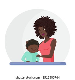 African American Black Mother Supporting Crying Little Son Flat Vector Illustration. Mental Disorder, Psychotherapy Concept. Mom Consolation Sad Boy Cartoon Characters. Woman Comforting Upset Kid