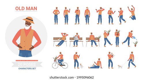 African american black old man poses infographic vector illustration set. Cartoon elderly bearded hipster character posing, standing and jumping, walking with dog and sitting on bench isolated