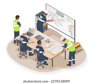 African American black people Technician and engineer meeting working together process Maintenance planing in conference room industrial worker concept illustration isometric isolated 