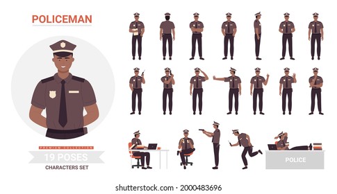 African american black Policeman poses vector illustration set. Cartoon police officer man character working in office or street, cop guard person wearing uniform posing in work isolated on white