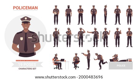 African american black Policeman poses vector illustration set. Cartoon police officer man character working in office or street, cop guard person wearing uniform posing in work isolated on white