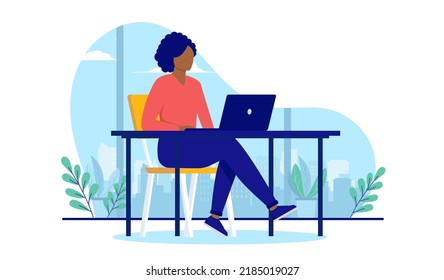 African American Black professional woman sitting with computer laptop working in flat design vector illustration with white background